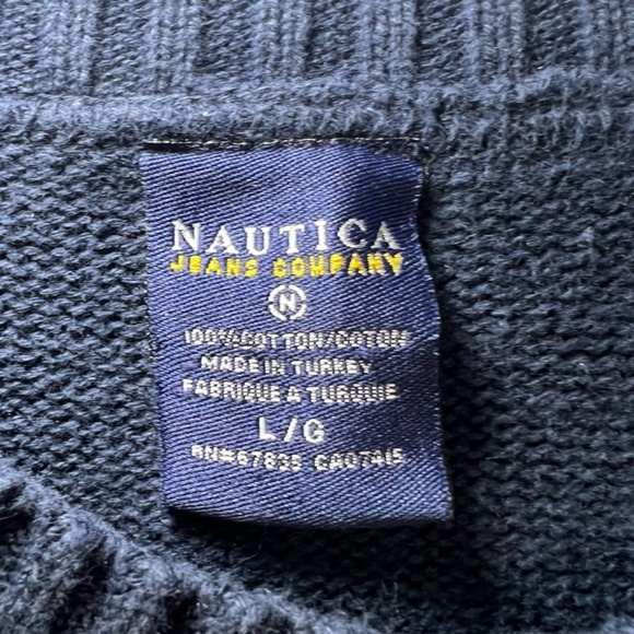 Nautica Mens Sweater Navy Blue 90s Stripe Heavy Embroidered Y2K Vintage Sz Large - Picture 2 of 11